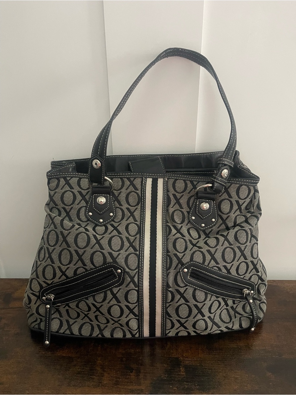 XOXO Black & Gray Logo Tote with Center Stripe